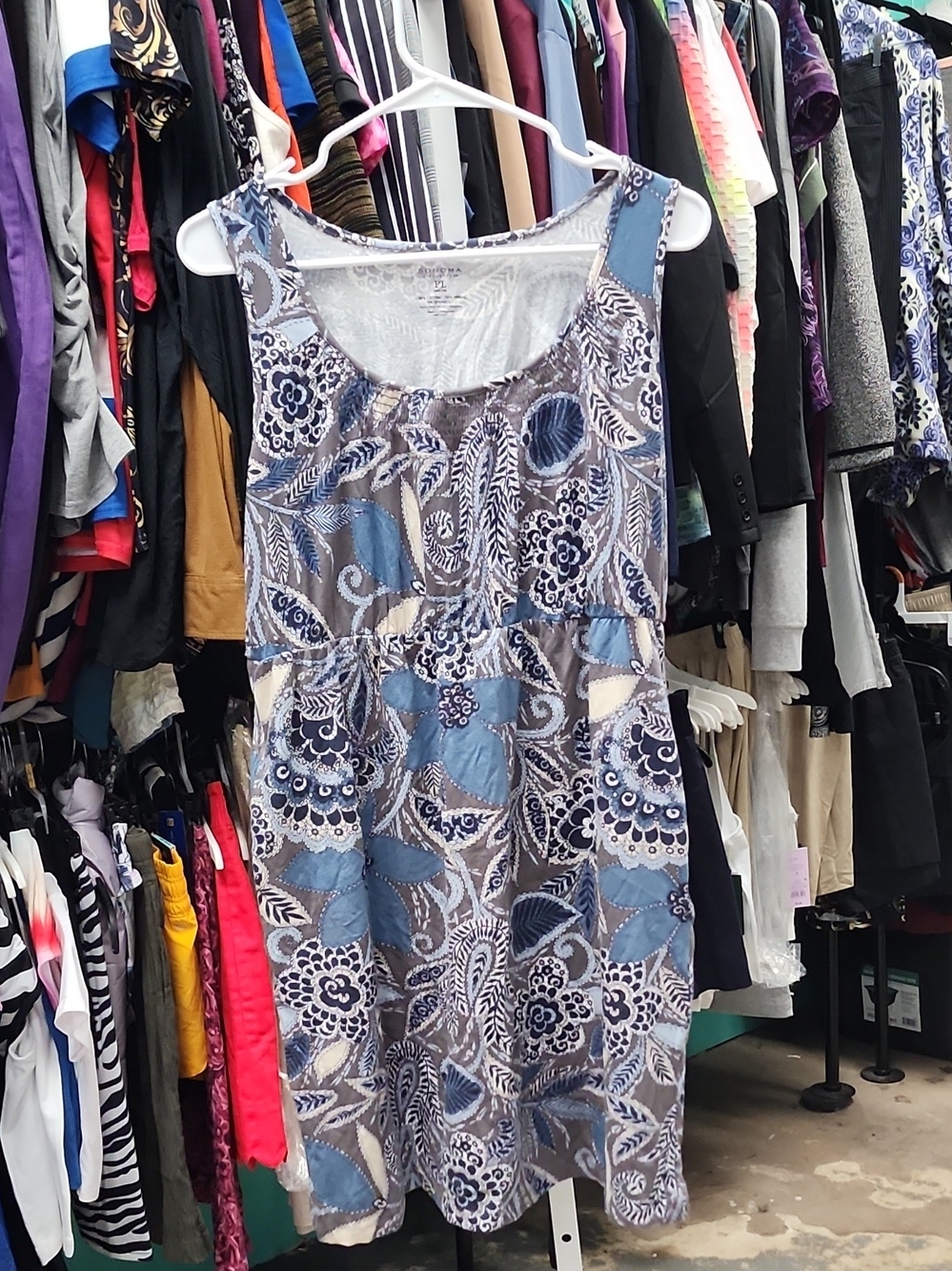Sonoma Blue and Gray Floral-Patterned Sleeveless Midi Dress